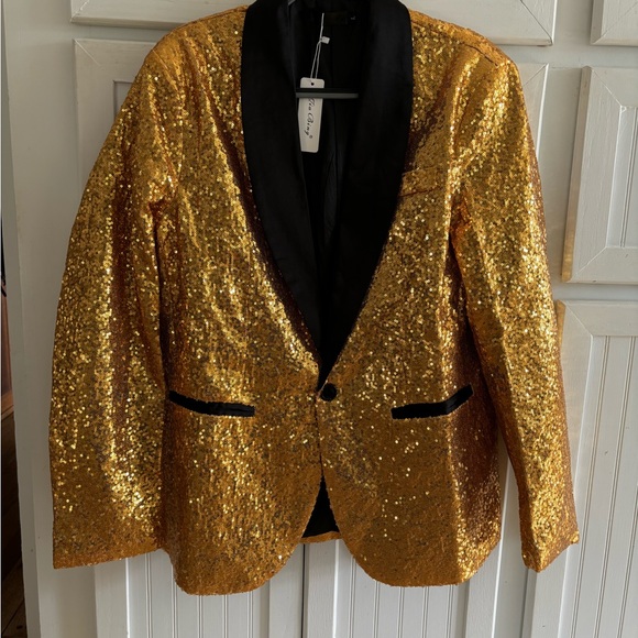 Brand new Men’s Gold Sequined Sparkle Jacket 70’s Elvis Black Tie Halloween Med - Picture 2 of 7